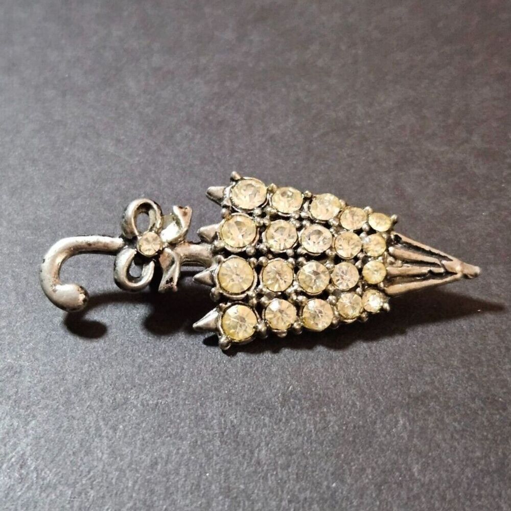 Silver tone vintage parasol umbrella brooch rhinestone